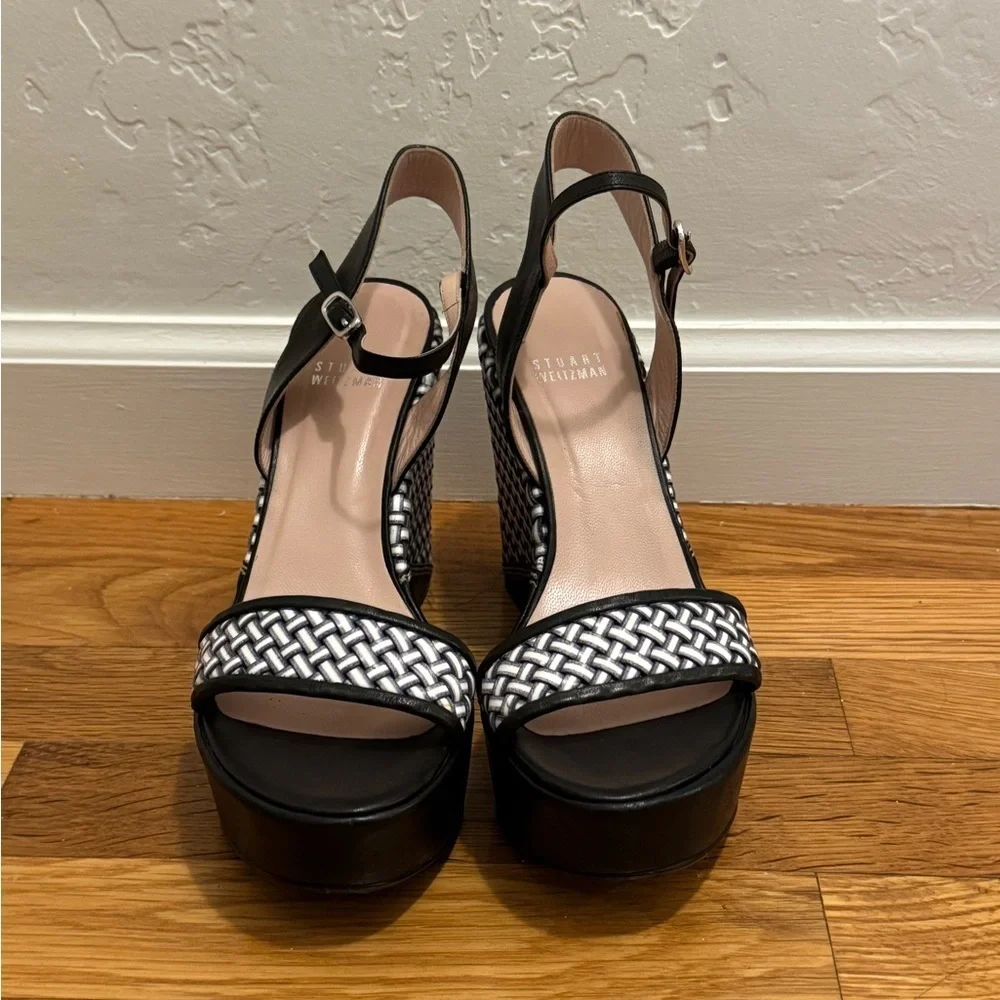 STUART WEITZMAN Black Holiday Pipe Open Toe Platform Wedge Size 7.5 7 1/2‎ Shoes